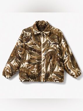 Bon Worth Feather Print Zip Jacket XL Petite Brown Green Casual